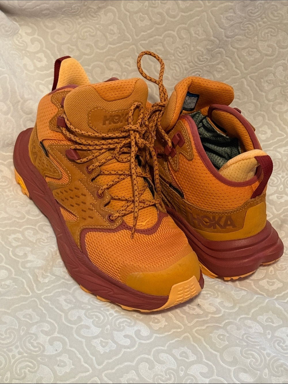 Hoka Anacapa Women’s Trail Shoes in Burnt Orange and Maroon